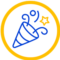 Blue party popper emitting streamers and a yellow star, symbolizing celebration, enclosed in a yellow circle.